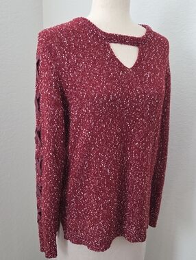 Rock & Republic Marled Cutout Crewneck Sweater - Burgundy Red Oversized Stitch